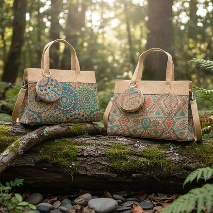 Mandala or Western print cork handbag with coin purse,