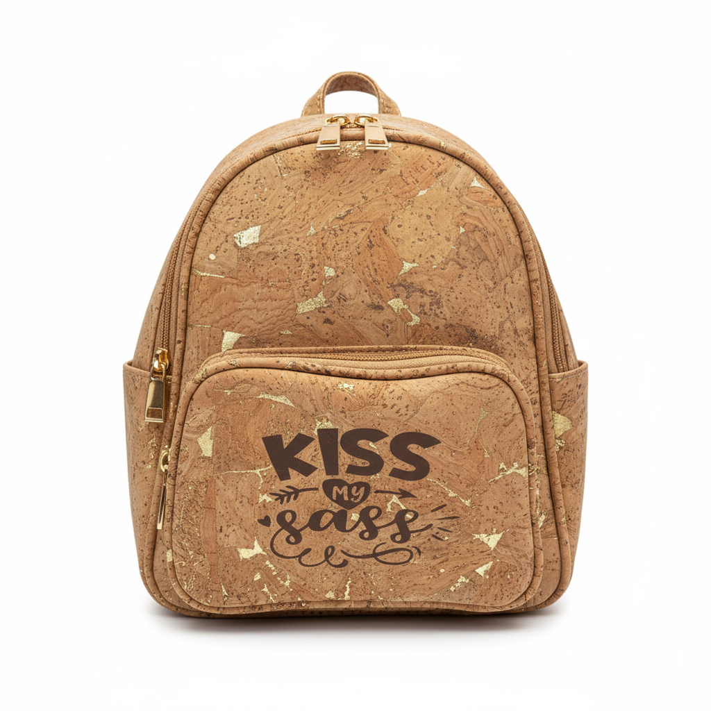 Kiss My Sass Cork Backpack White Background