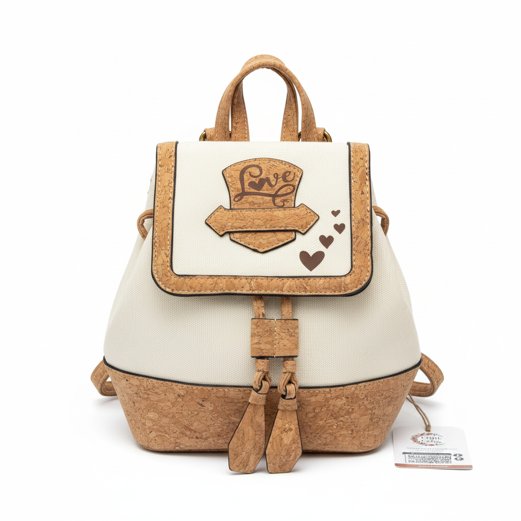 Love Hearts Large Cream Cork Backpack White Background